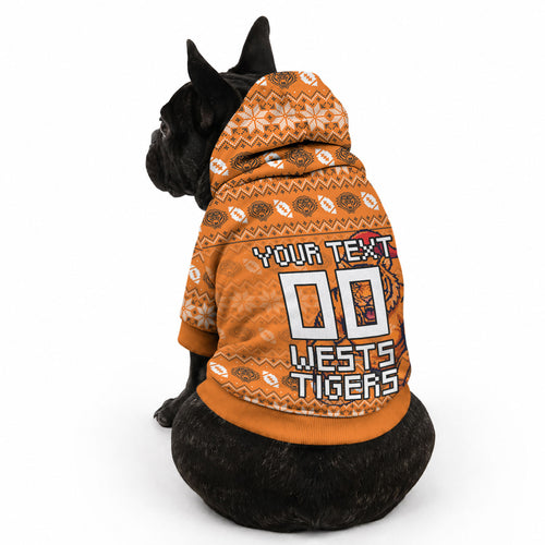 Personalized Wests Tigers Christmas Pet Hoodie Australian Rugby Fans - Pixelated Ugly Xmas Pattern Mascot Santa