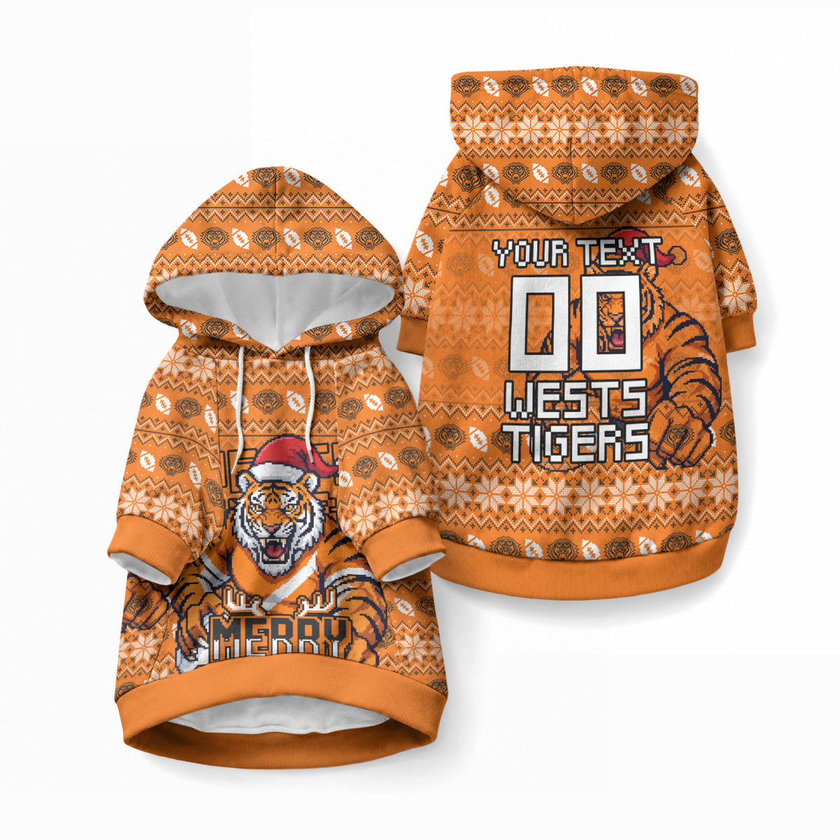 Personalized Wests Tigers Christmas Pet Hoodie Australian Rugby Fans - Pixelated Ugly Xmas Pattern Mascot Santa