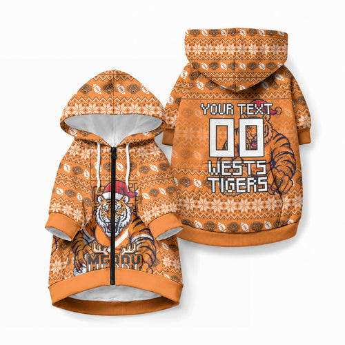 Personalized Wests Tigers Christmas Pet Hoodie Australian Rugby Fans - Pixelated Ugly Xmas Pattern Mascot Santa