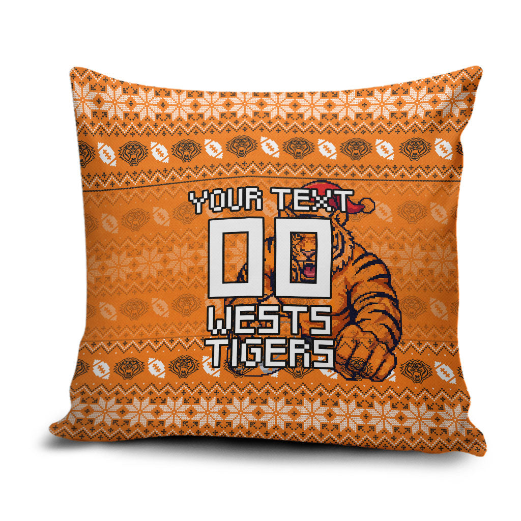 Personalized Wests Tigers Christmas Pillow Cover Australian Rugby Fans - Pixelated Ugly Xmas Pattern Mascot Santa