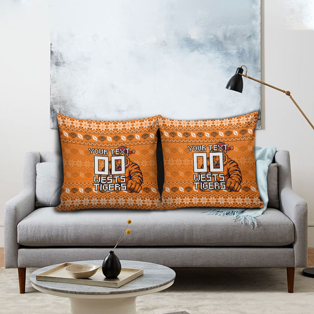 Personalized Wests Tigers Christmas Pillow Cover Australian Rugby Fans - Pixelated Ugly Xmas Pattern Mascot Santa