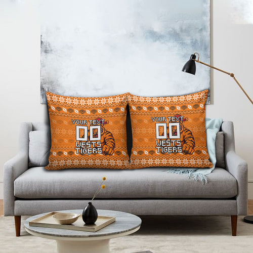 Personalized Wests Tigers Christmas Pillow Cover Australian Rugby Fans - Pixelated Ugly Xmas Pattern Mascot Santa