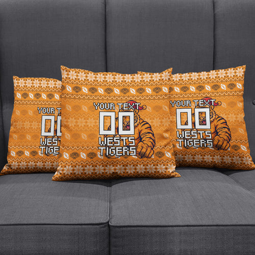 Personalized Wests Tigers Christmas Pillow Cover Australian Rugby Fans - Pixelated Ugly Xmas Pattern Mascot Santa