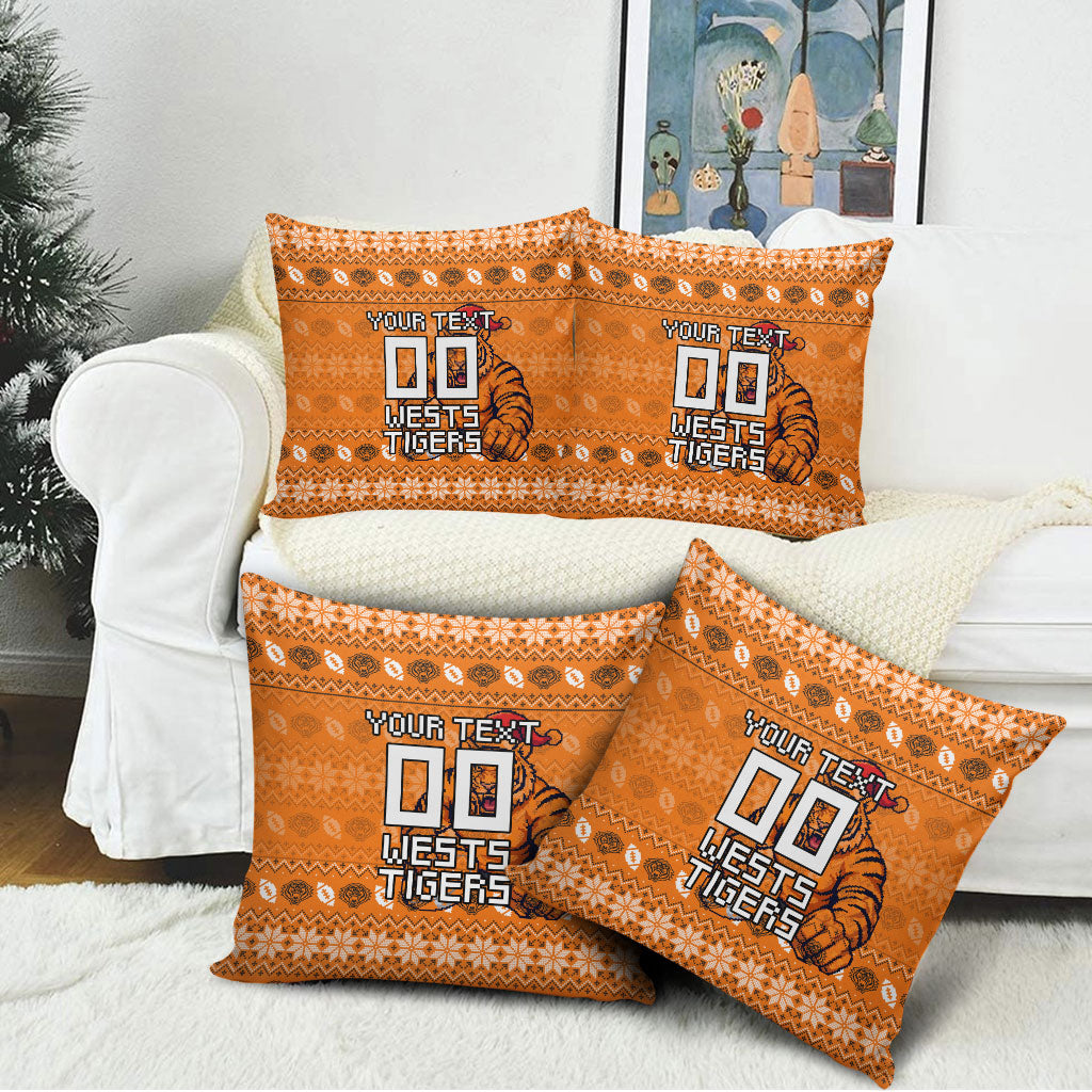 Personalized Wests Tigers Christmas Pillow Cover Australian Rugby Fans - Pixelated Ugly Xmas Pattern Mascot Santa