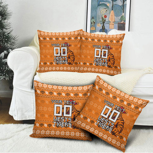 Personalized Wests Tigers Christmas Pillow Cover Australian Rugby Fans - Pixelated Ugly Xmas Pattern Mascot Santa