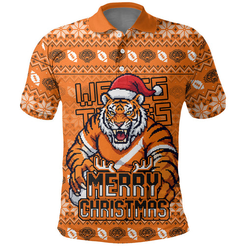 Personalized Wests Tigers Christmas Polo Shirt Australian Rugby Fans - Pixelated Ugly Xmas Pattern Mascot Santa