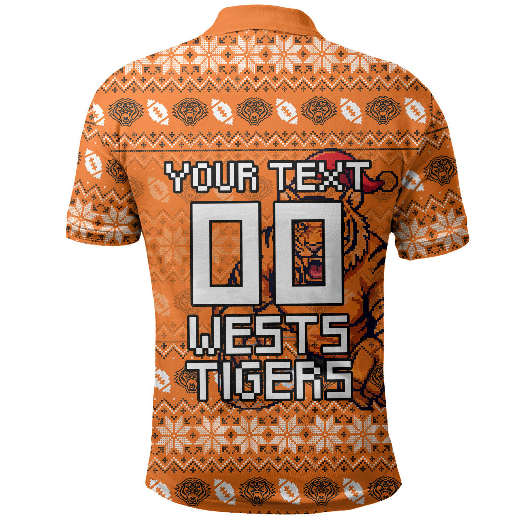 Personalized Wests Tigers Christmas Polo Shirt Australian Rugby Fans - Pixelated Ugly Xmas Pattern Mascot Santa