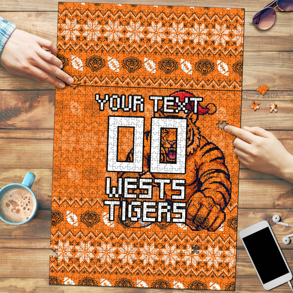 Personalized Wests Tigers Christmas Puzzle Australian Rugby Fans - Pixelated Ugly Xmas Pattern Mascot Santa