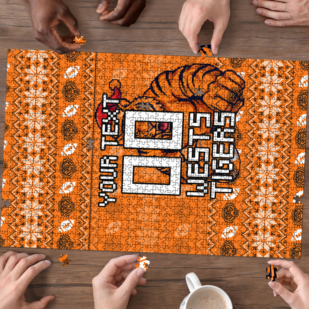 Personalized Wests Tigers Christmas Puzzle Australian Rugby Fans - Pixelated Ugly Xmas Pattern Mascot Santa