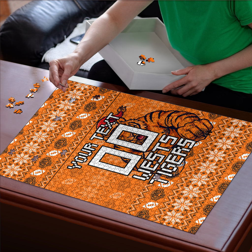 Personalized Wests Tigers Christmas Puzzle Australian Rugby Fans - Pixelated Ugly Xmas Pattern Mascot Santa