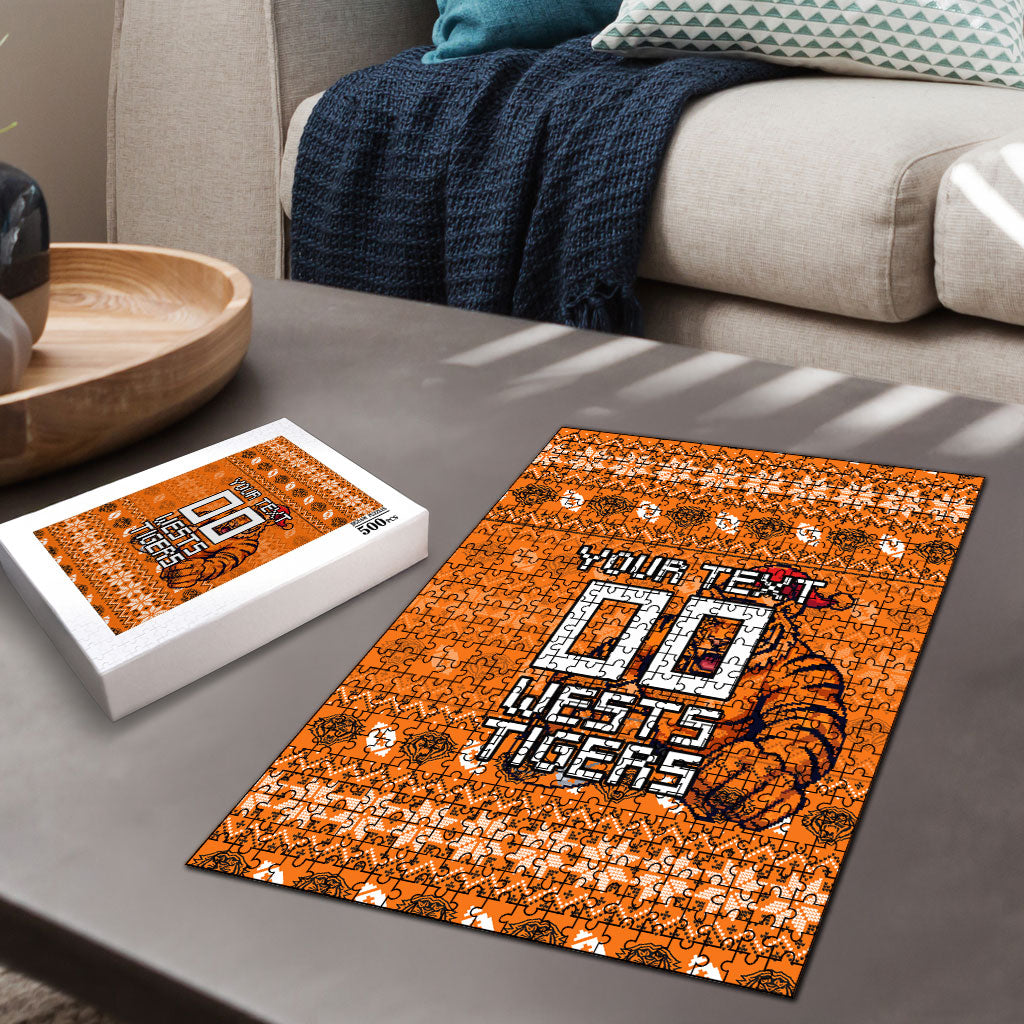 Personalized Wests Tigers Christmas Puzzle Australian Rugby Fans - Pixelated Ugly Xmas Pattern Mascot Santa