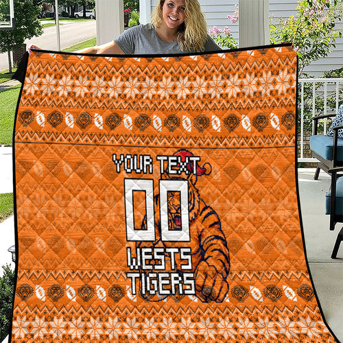 Personalized Wests Tigers Christmas Quilt Australian Rugby Fans - Pixelated Ugly Xmas Pattern Mascot Santa