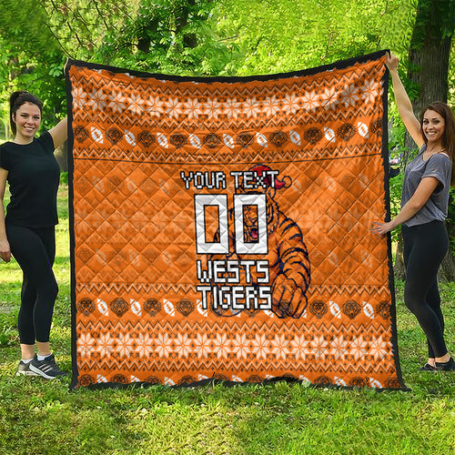 Personalized Wests Tigers Christmas Quilt Australian Rugby Fans - Pixelated Ugly Xmas Pattern Mascot Santa