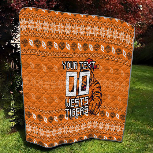 Personalized Wests Tigers Christmas Quilt Australian Rugby Fans - Pixelated Ugly Xmas Pattern Mascot Santa