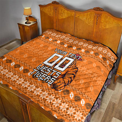 Personalized Wests Tigers Christmas Quilt Australian Rugby Fans - Pixelated Ugly Xmas Pattern Mascot Santa