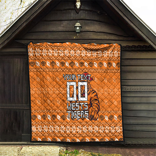 Personalized Wests Tigers Christmas Quilt Australian Rugby Fans - Pixelated Ugly Xmas Pattern Mascot Santa
