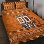 Personalized Wests Tigers Christmas Quilt Bed Set Australian Rugby Fans - Pixelated Ugly Xmas Pattern Mascot Santa