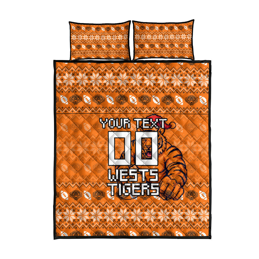 Personalized Wests Tigers Christmas Quilt Bed Set Australian Rugby Fans - Pixelated Ugly Xmas Pattern Mascot Santa