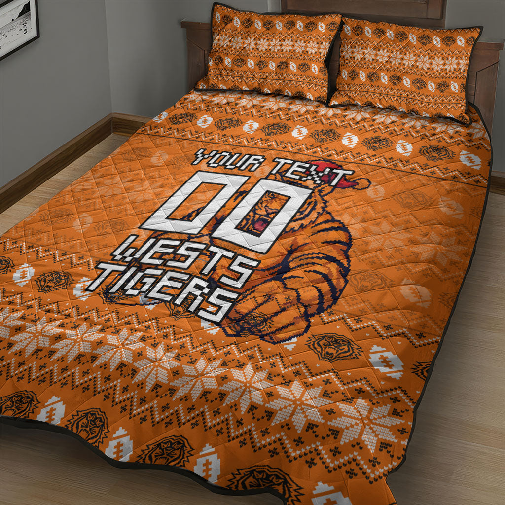 Personalized Wests Tigers Christmas Quilt Bed Set Australian Rugby Fans - Pixelated Ugly Xmas Pattern Mascot Santa