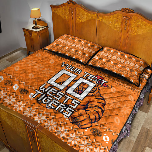 Personalized Wests Tigers Christmas Quilt Bed Set Australian Rugby Fans - Pixelated Ugly Xmas Pattern Mascot Santa