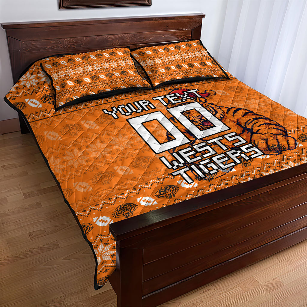 Personalized Wests Tigers Christmas Quilt Bed Set Australian Rugby Fans - Pixelated Ugly Xmas Pattern Mascot Santa