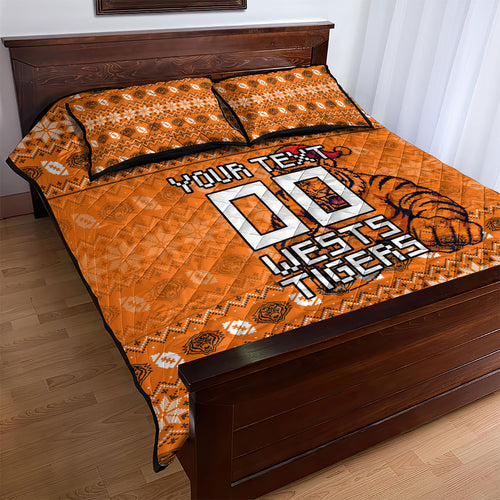 Personalized Wests Tigers Christmas Quilt Bed Set Australian Rugby Fans - Pixelated Ugly Xmas Pattern Mascot Santa