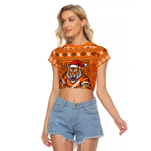 Personalized Wests Tigers Christmas Raglan Cropped T Shirt Australian Rugby Fans - Pixelated Ugly Xmas Pattern Mascot Santa