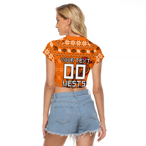 Personalized Wests Tigers Christmas Raglan Cropped T Shirt Australian Rugby Fans - Pixelated Ugly Xmas Pattern Mascot Santa