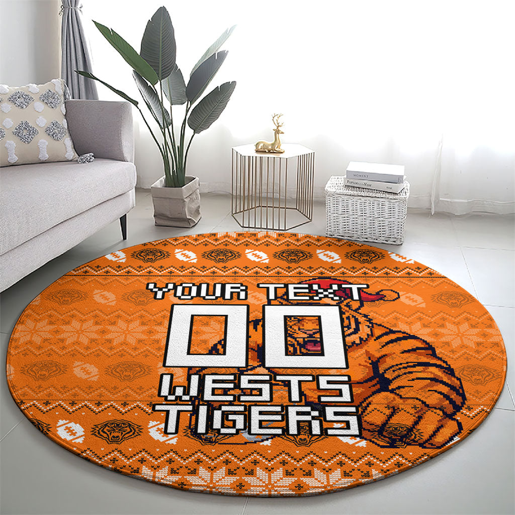 Personalized Wests Tigers Christmas Round Carpet Australian Rugby Fans - Pixelated Ugly Xmas Pattern Mascot Santa