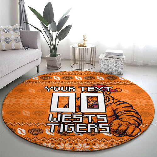 Personalized Wests Tigers Christmas Round Carpet Australian Rugby Fans - Pixelated Ugly Xmas Pattern Mascot Santa
