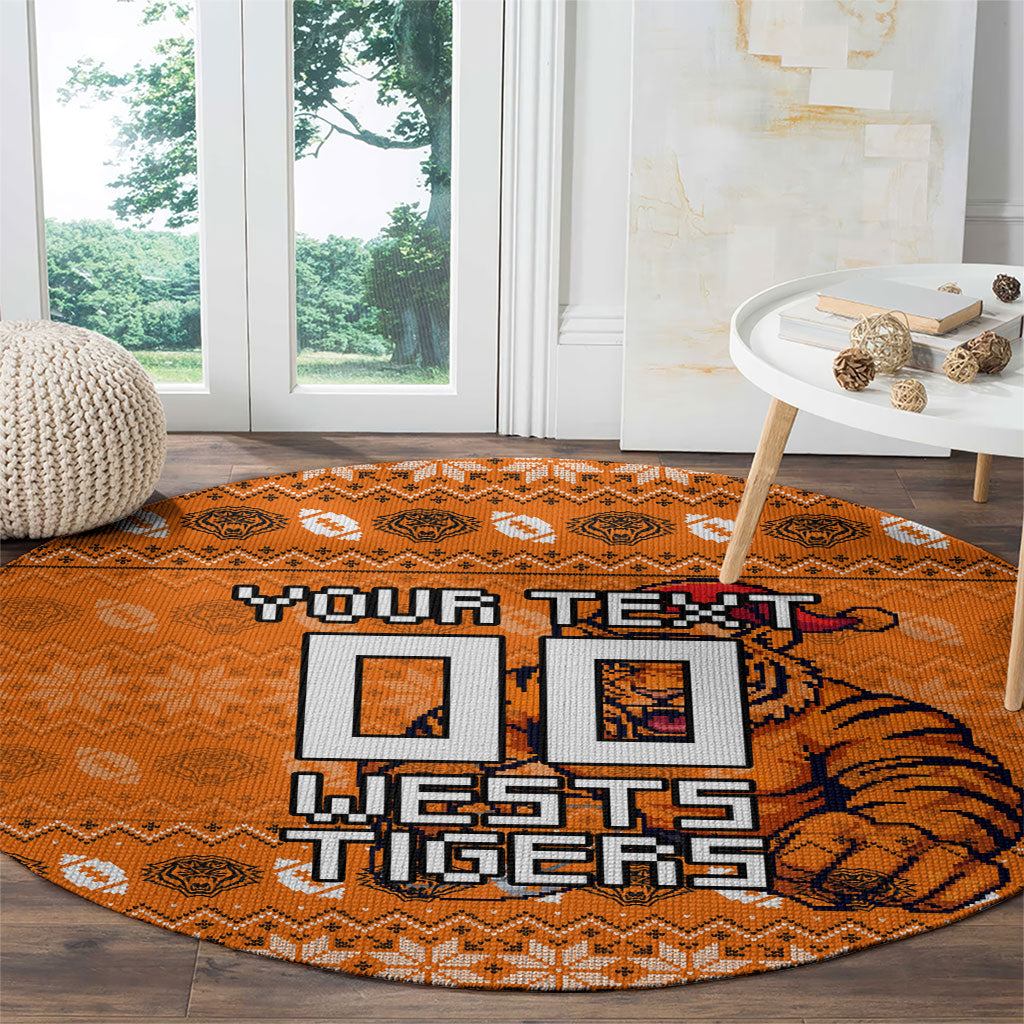 Personalized Wests Tigers Christmas Round Carpet Australian Rugby Fans - Pixelated Ugly Xmas Pattern Mascot Santa