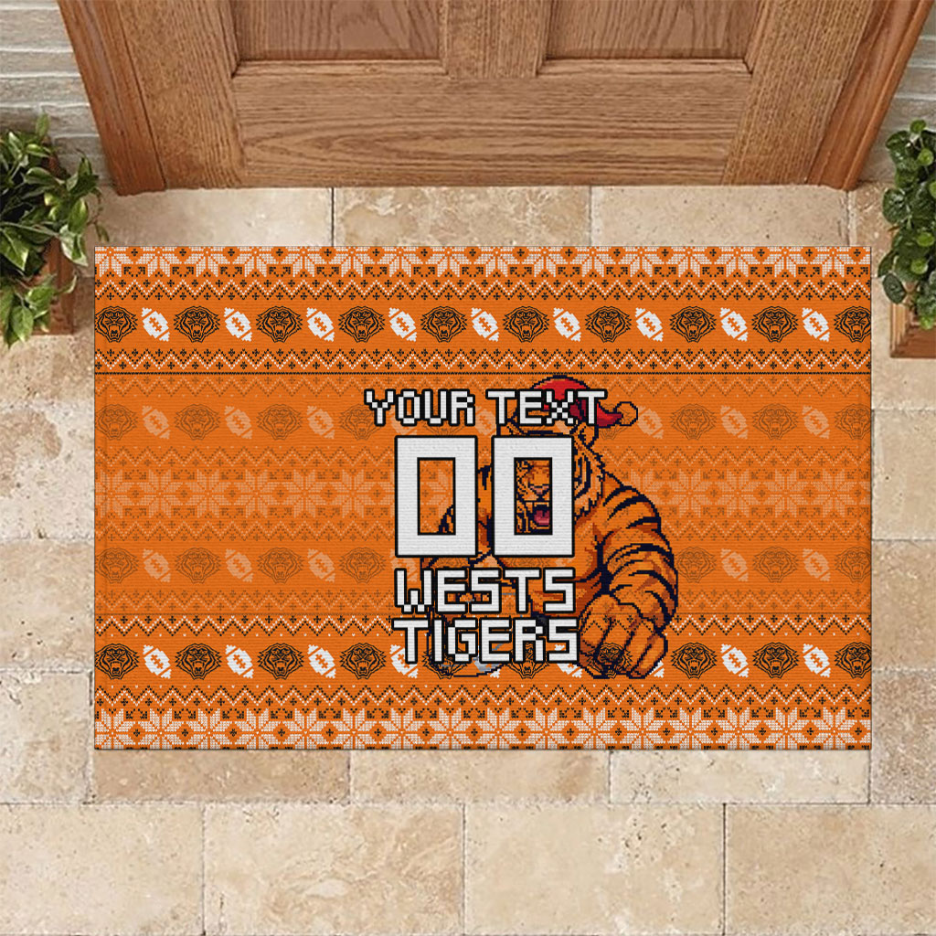 Personalized Wests Tigers Christmas Rubber Doormat Australian Rugby Fans - Pixelated Ugly Xmas Pattern Mascot Santa