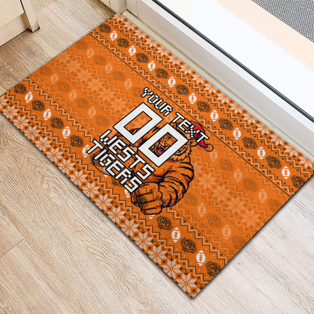 Personalized Wests Tigers Christmas Rubber Doormat Australian Rugby Fans - Pixelated Ugly Xmas Pattern Mascot Santa