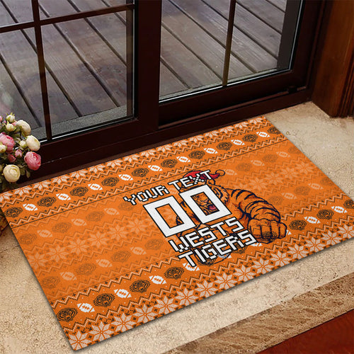 Personalized Wests Tigers Christmas Rubber Doormat Australian Rugby Fans - Pixelated Ugly Xmas Pattern Mascot Santa