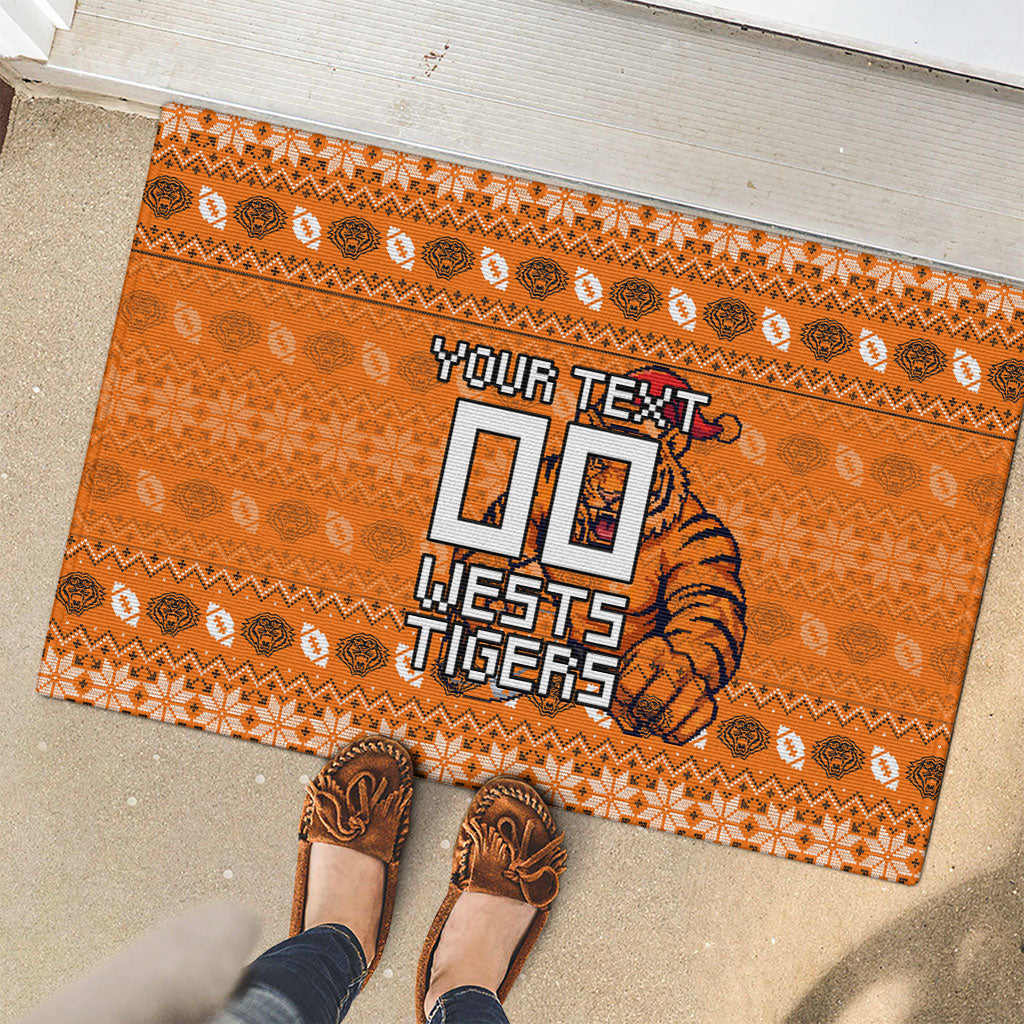 Personalized Wests Tigers Christmas Rubber Doormat Australian Rugby Fans - Pixelated Ugly Xmas Pattern Mascot Santa