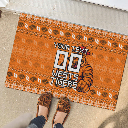 Personalized Wests Tigers Christmas Rubber Doormat Australian Rugby Fans - Pixelated Ugly Xmas Pattern Mascot Santa