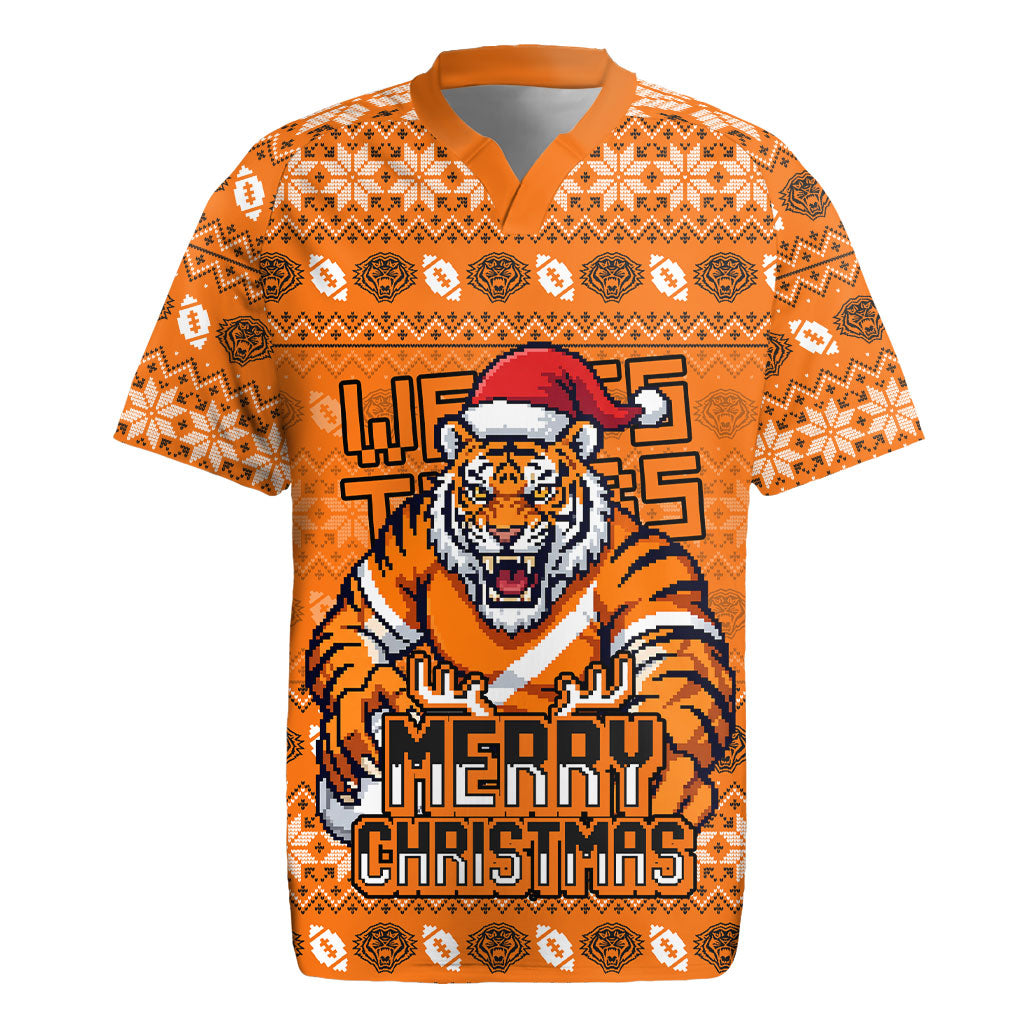 Personalized Wests Tigers Christmas Rugby Jersey Australian Rugby Fans - Pixelated Ugly Xmas Pattern Mascot Santa