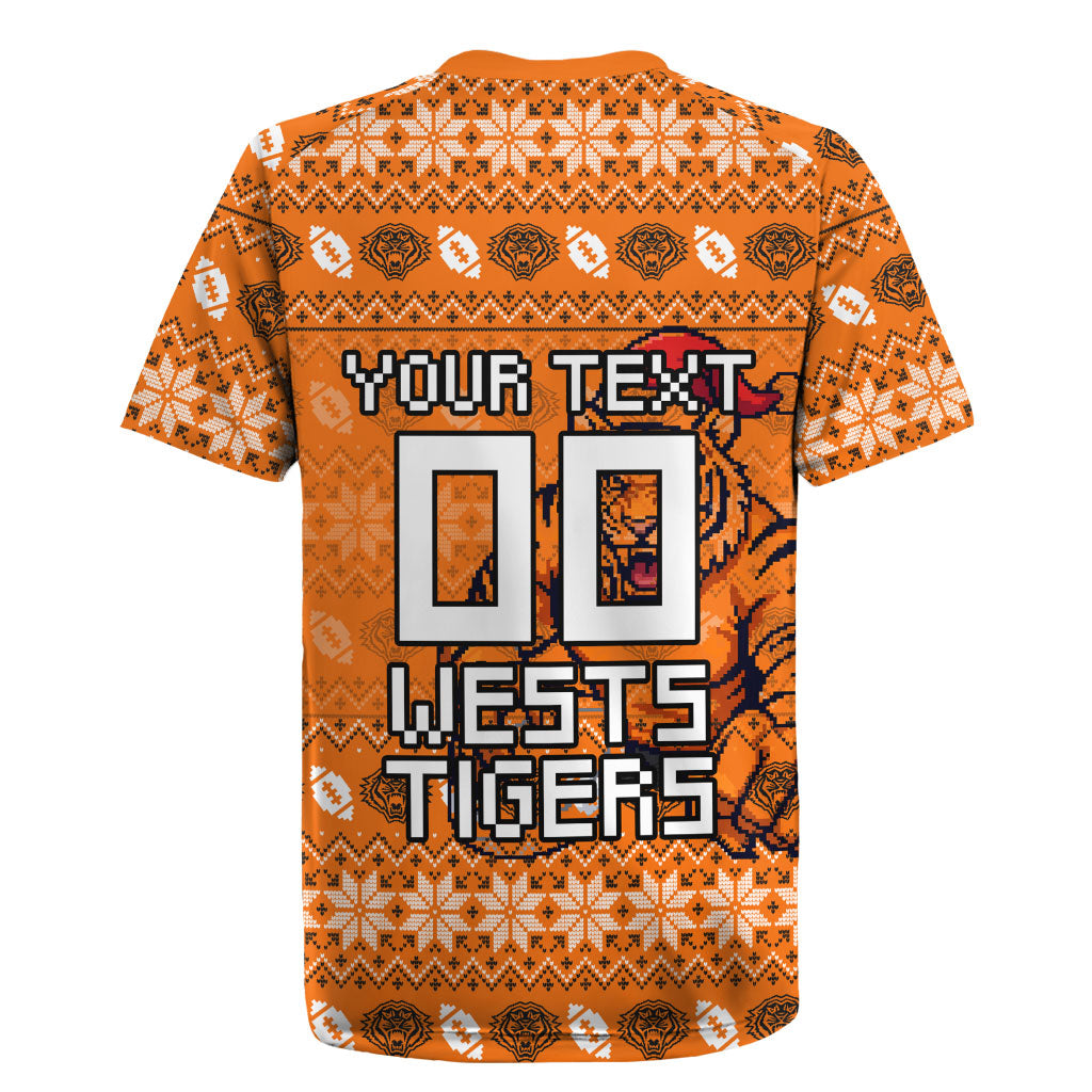 Personalized Wests Tigers Christmas Rugby Jersey Australian Rugby Fans - Pixelated Ugly Xmas Pattern Mascot Santa