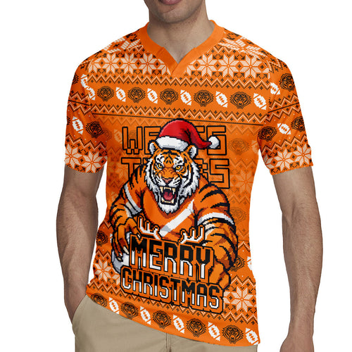 Personalized Wests Tigers Christmas Rugby Jersey Australian Rugby Fans - Pixelated Ugly Xmas Pattern Mascot Santa