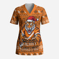 Personalized Wests Tigers Christmas Scrub Top Australian Rugby Fans - Pixelated Ugly Xmas Pattern Mascot Santa