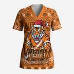 Personalized Wests Tigers Christmas Scrub Top Australian Rugby Fans - Pixelated Ugly Xmas Pattern Mascot Santa