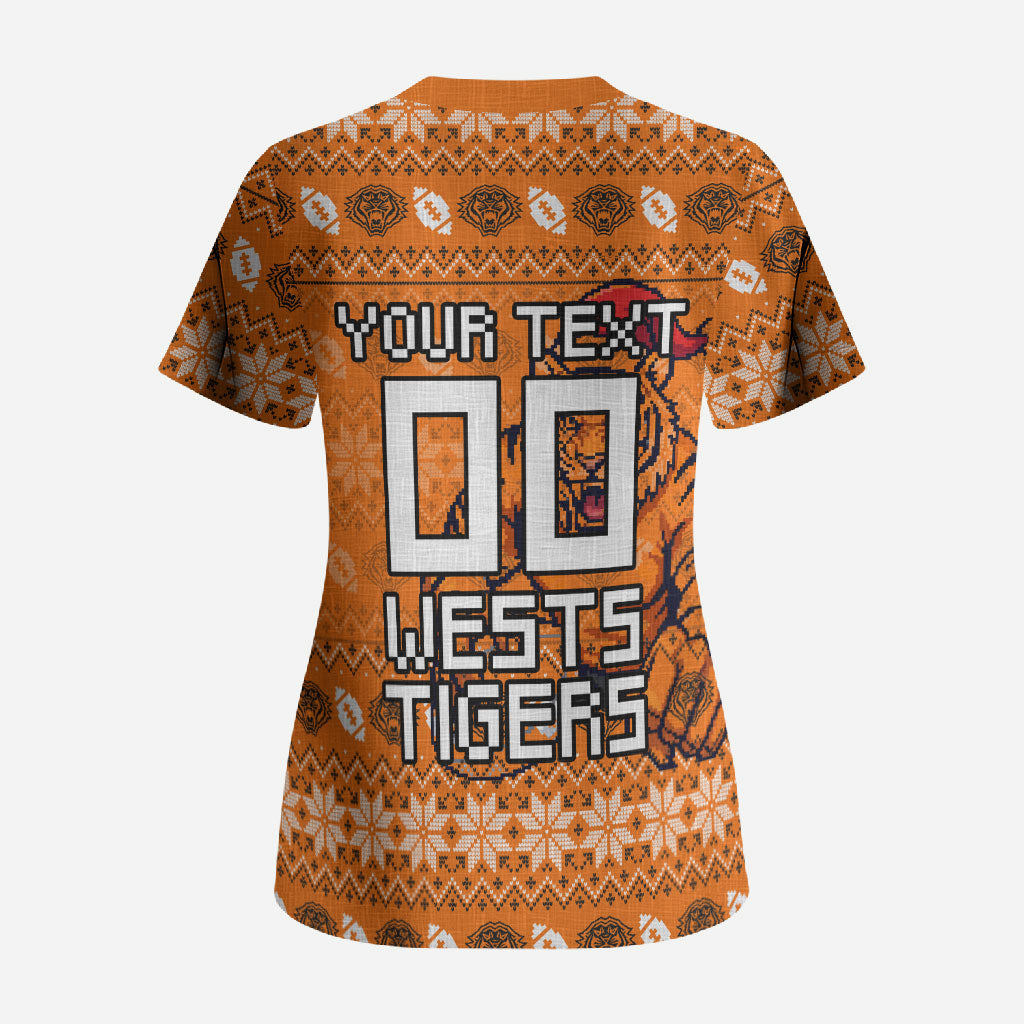 Personalized Wests Tigers Christmas Scrub Top Australian Rugby Fans - Pixelated Ugly Xmas Pattern Mascot Santa