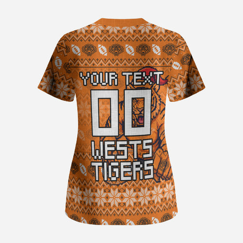Personalized Wests Tigers Christmas Scrub Top Australian Rugby Fans - Pixelated Ugly Xmas Pattern Mascot Santa