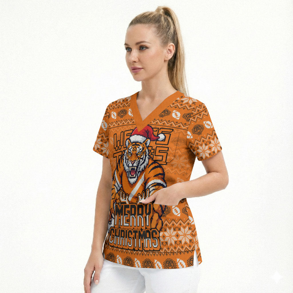 Personalized Wests Tigers Christmas Scrub Top Australian Rugby Fans - Pixelated Ugly Xmas Pattern Mascot Santa