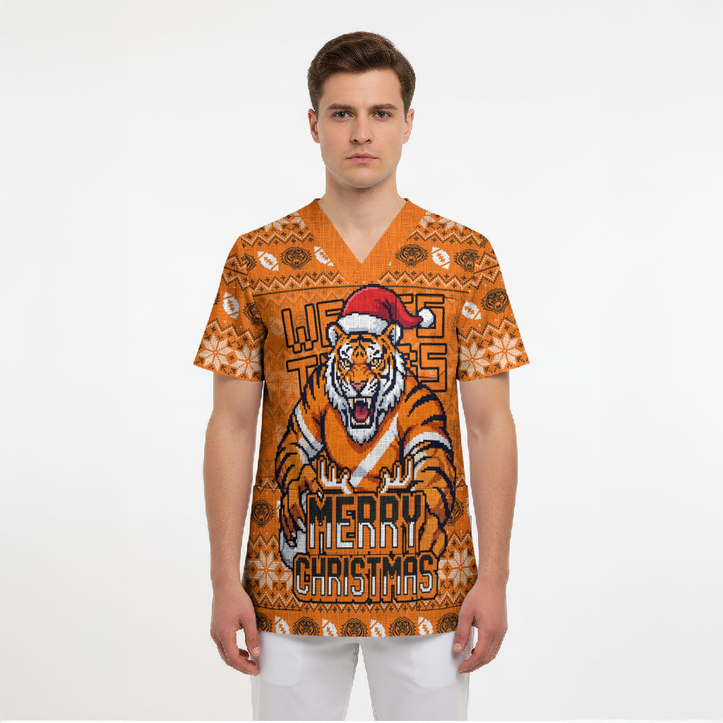 Personalized Wests Tigers Christmas Scrub Top Australian Rugby Fans - Pixelated Ugly Xmas Pattern Mascot Santa
