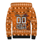 Personalized Wests Tigers Christmas Sherpa Hoodie Australian Rugby Fans - Pixelated Ugly Xmas Pattern Mascot Santa