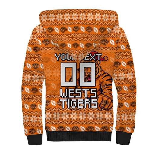 Personalized Wests Tigers Christmas Sherpa Hoodie Australian Rugby Fans - Pixelated Ugly Xmas Pattern Mascot Santa