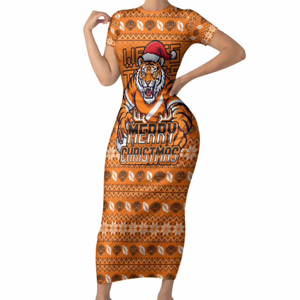 Personalized Wests Tigers Christmas Short Sleeve Bodycon Dress Australian Rugby Fans - Pixelated Ugly Xmas Pattern Mascot Santa