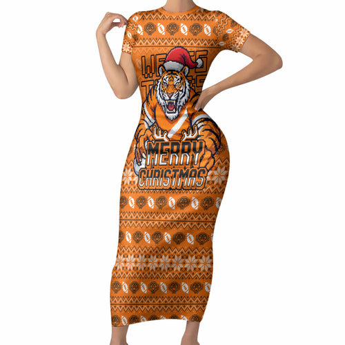Personalized Wests Tigers Christmas Short Sleeve Bodycon Dress Australian Rugby Fans - Pixelated Ugly Xmas Pattern Mascot Santa