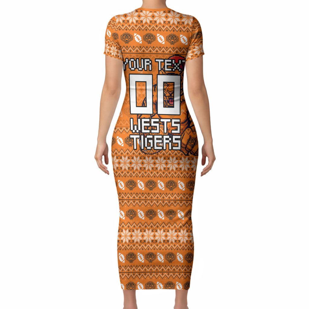 Personalized Wests Tigers Christmas Short Sleeve Bodycon Dress Australian Rugby Fans - Pixelated Ugly Xmas Pattern Mascot Santa